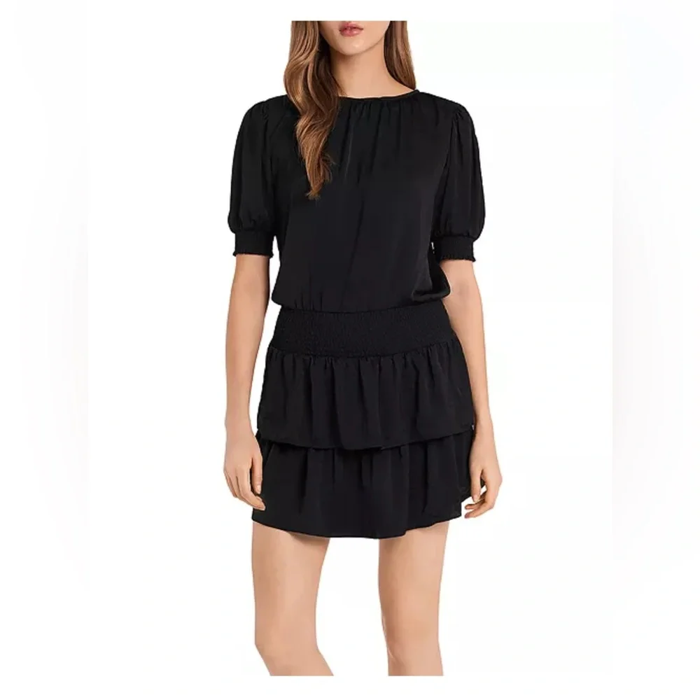 1.STATE Black Smocked Waist Tiered Mini Dress NWT - Picture 1 of 4